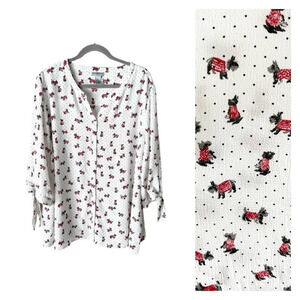 Catherine's Blouse Women's 2X Scottish Terrier Dog Print Button Down Dot 3/4 Top